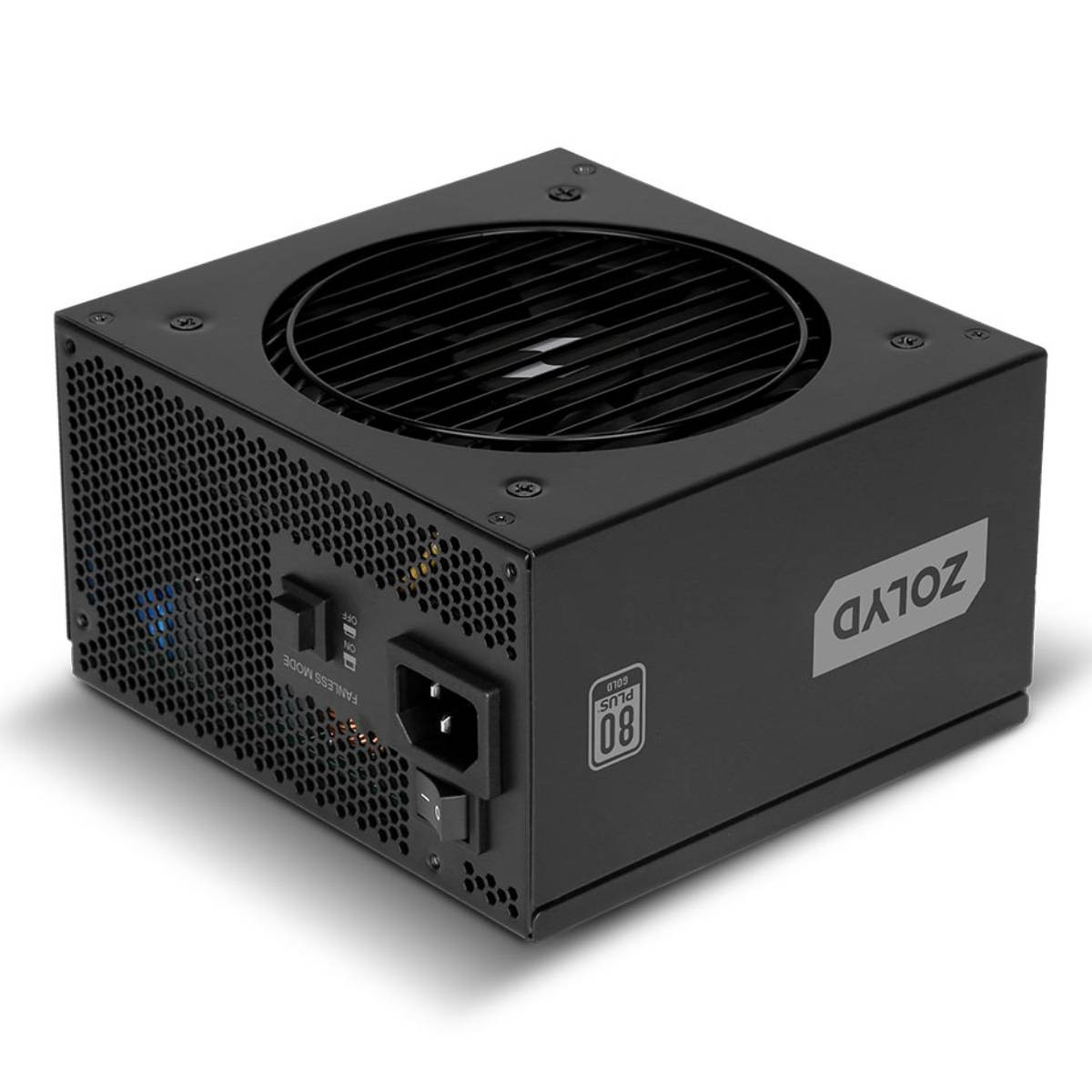 Alimentatore nero per computer con ventola, interruttori ed etichetta '80 PLUS GOLD'.