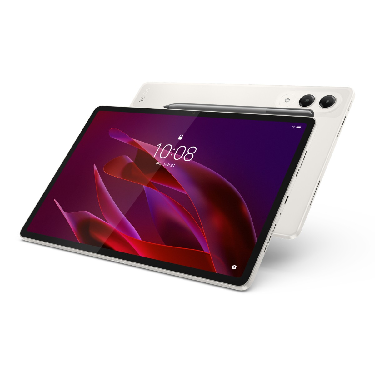 Un tablet bianco con stilo poggia su un altro tablet bianco.