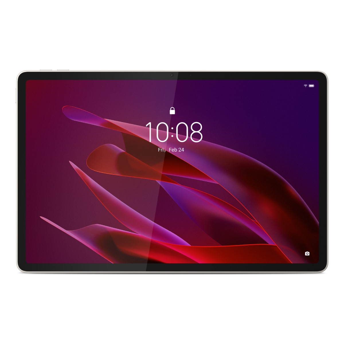 Un tablet argento con schermo viola e forme rosse astratte. Ora: 10:08.