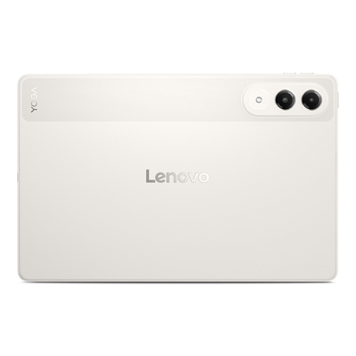 Tablet Lenovo bianco con doppia fotocamera posteriore e logo 'YOGA'.
