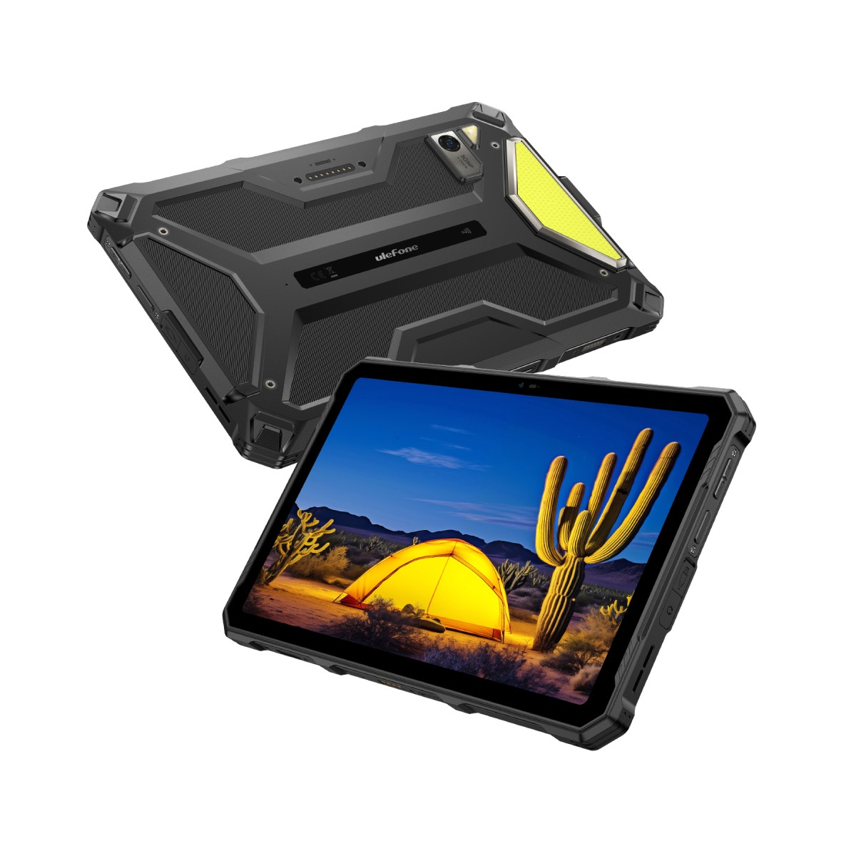 Robustes Tablet mit Wüstenszene auf dem Bildschirm. Gelbes Zelt, Saguarokaktus.