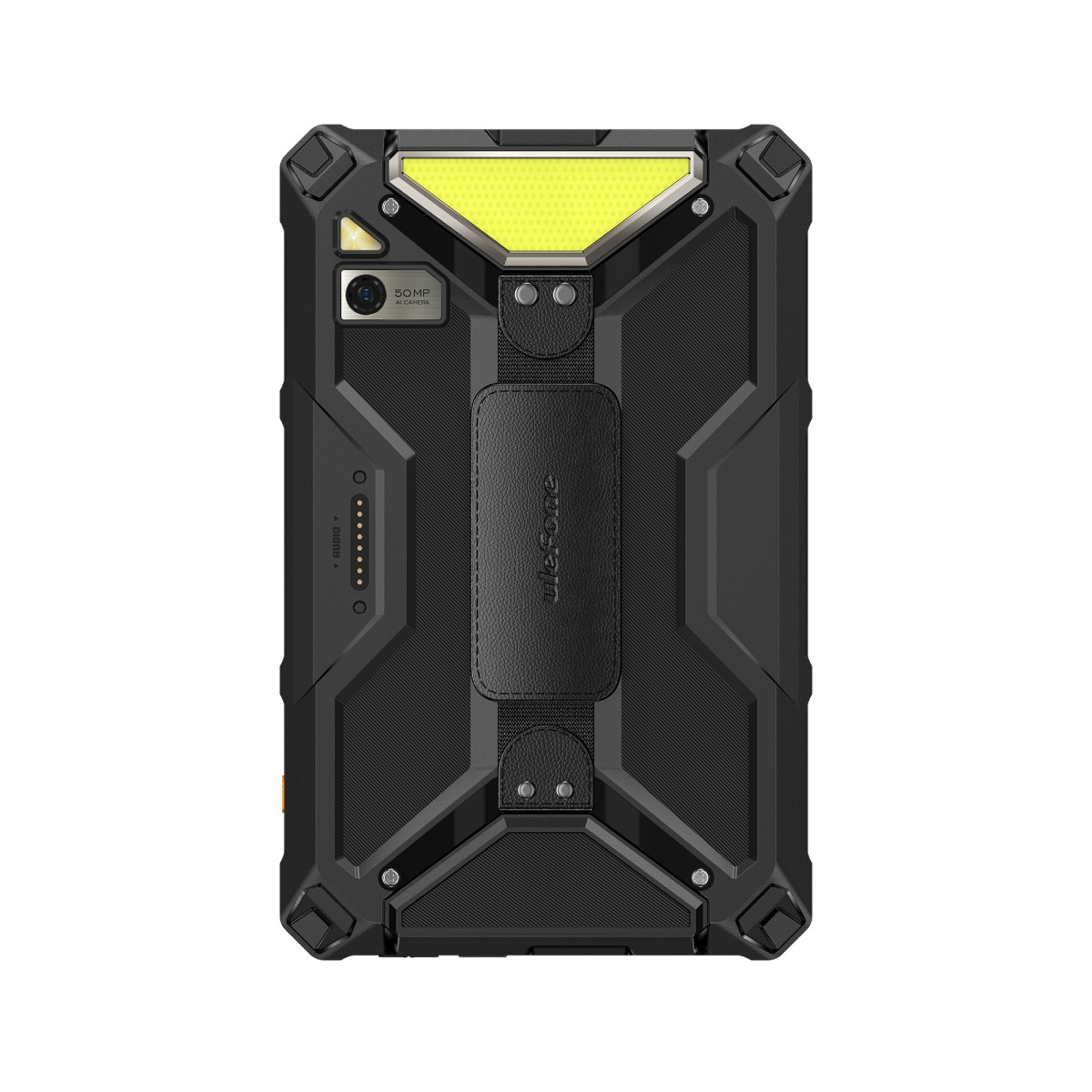 Robustes schwarzes Smartphone mit gelben Akzenten, 50MP Kamera und Lederriemen.