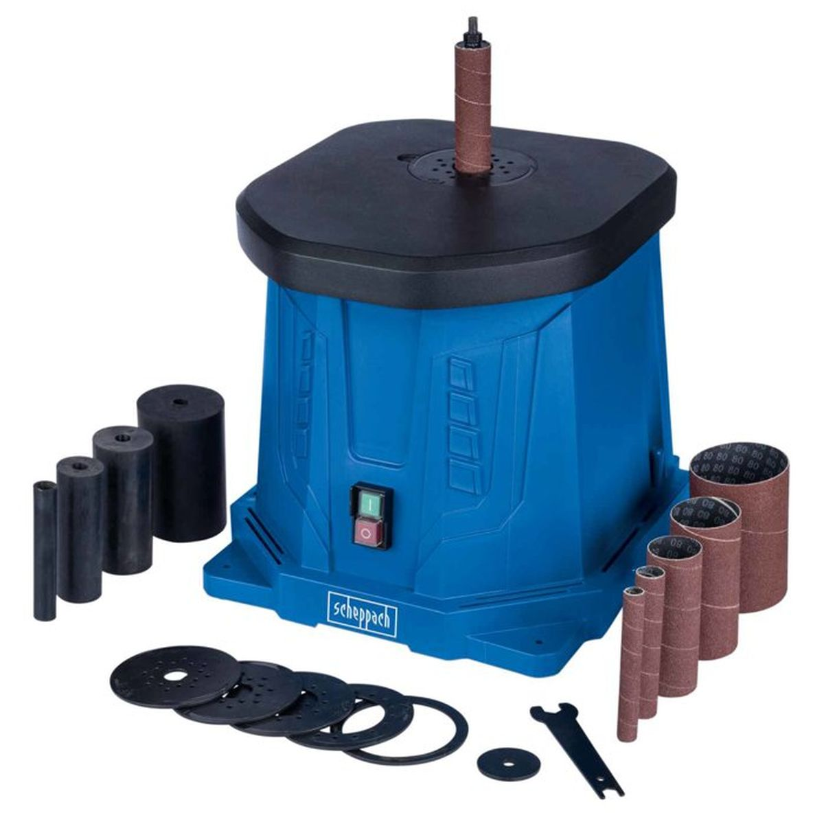 Eine blaue Schleifmaschine mit Zubehör, einschließlich Schleifhülsen und Scheiben.