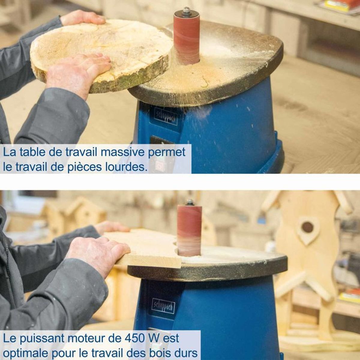 Ein Mann bearbeitet Holz auf einer blauen Schleifmaschine.