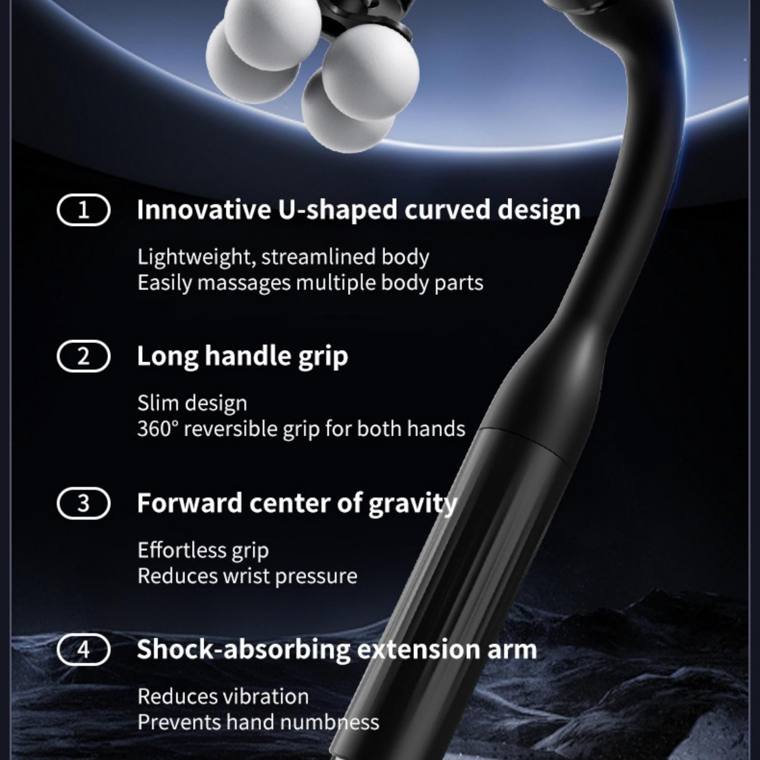 Innovativer U-förmiger Massager mit 4 Funktionen: Design, Griff, Schwerpunkt und Stoßdämpfung.