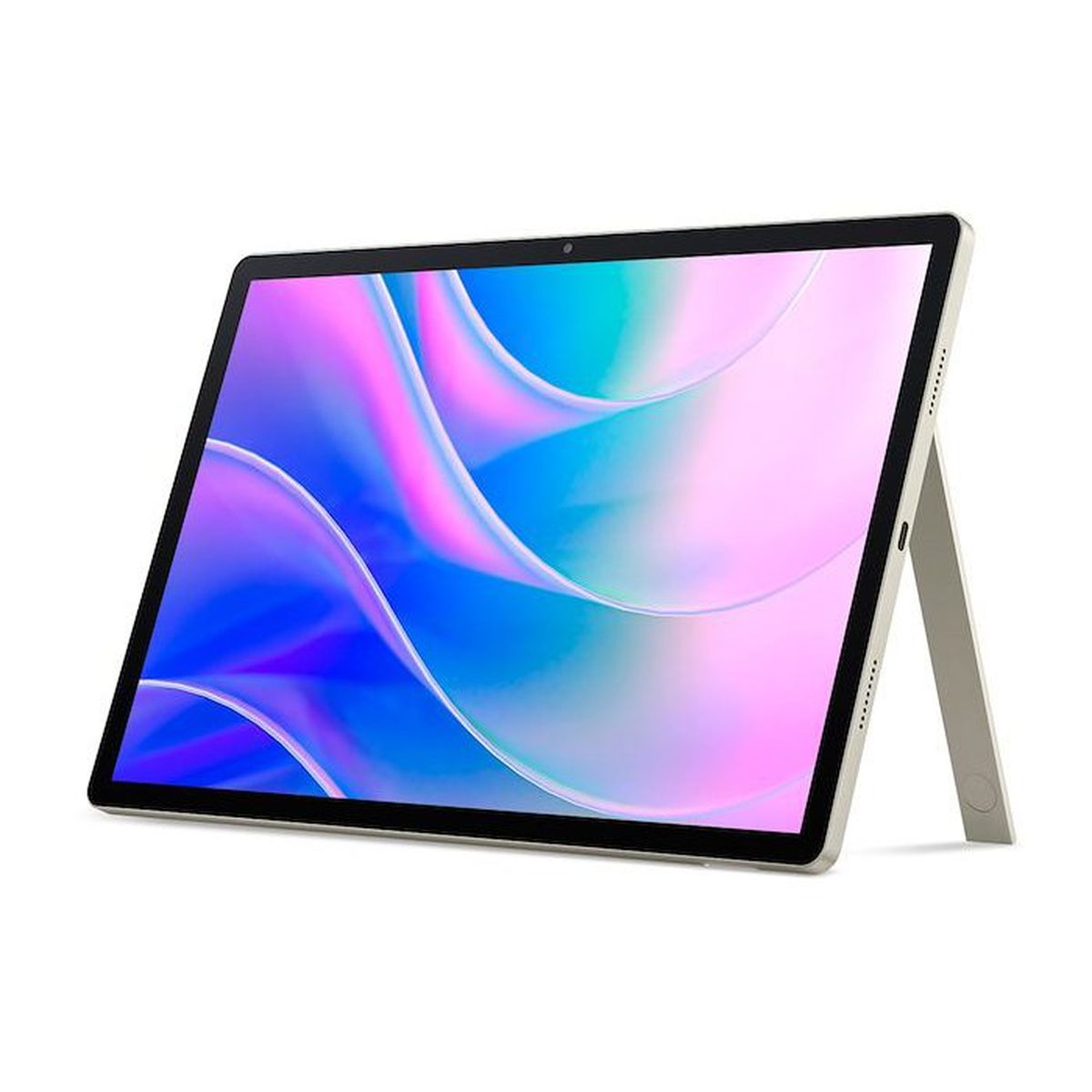 Un tablet con sfondo astratto colorato, in piedi su un cavalletto.