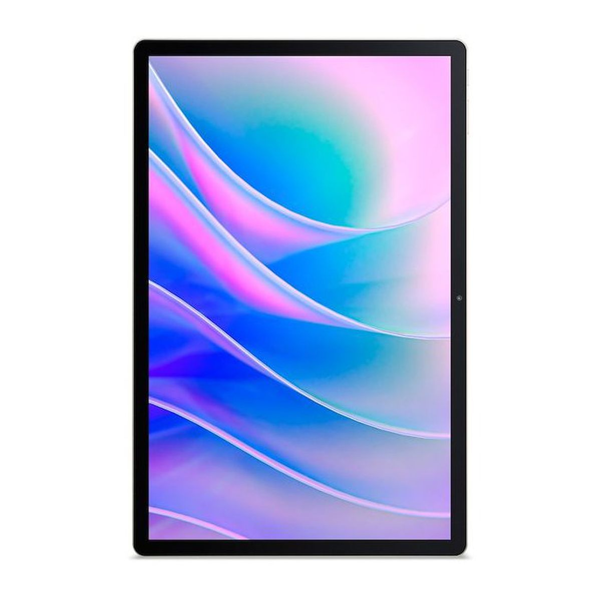 Un tablet che mostra uno sfondo astratto e colorato con onde blu e rosa.