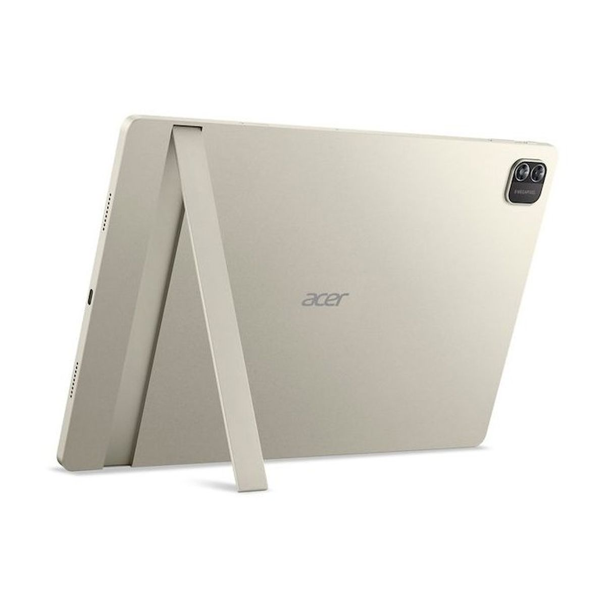 Retro di un tablet Acer beige chiaro con supporto integrato e doppia fotocamera.