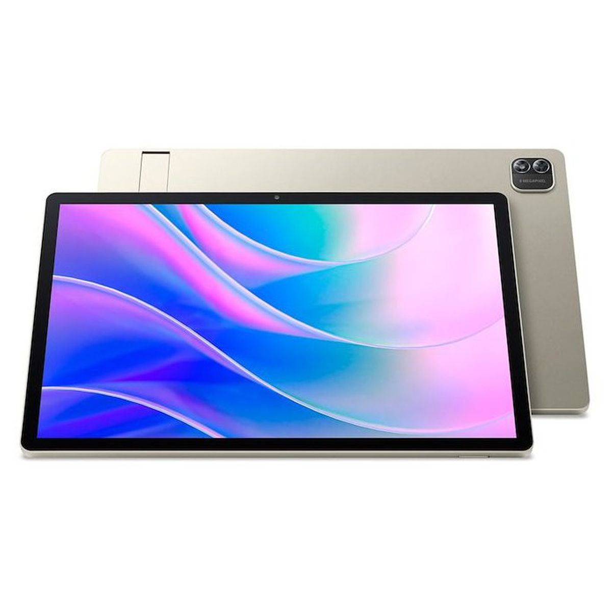 Un tablet oro chiaro che mostra un motivo colorato e fluido sullo schermo.