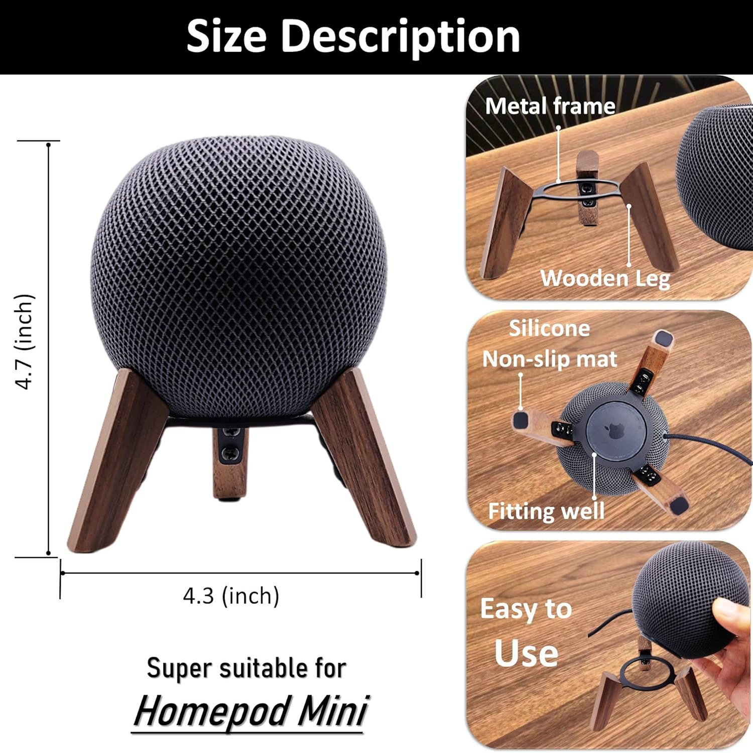 Ein schwarzer Homepod Mini Lautsprecher auf einem Holzständer. Maße: 11,9 cm H x 10,9 cm B.