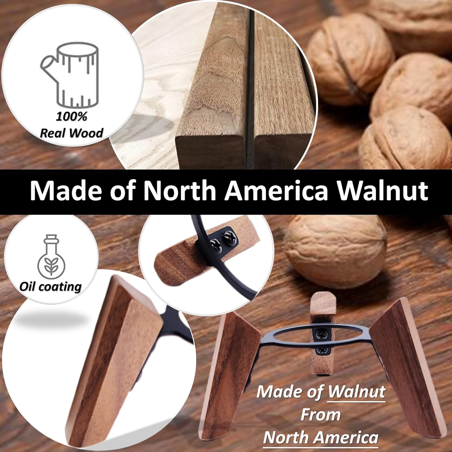 Kleine Holzstruktur mit Walnüssen und Produktmerkmalen.
