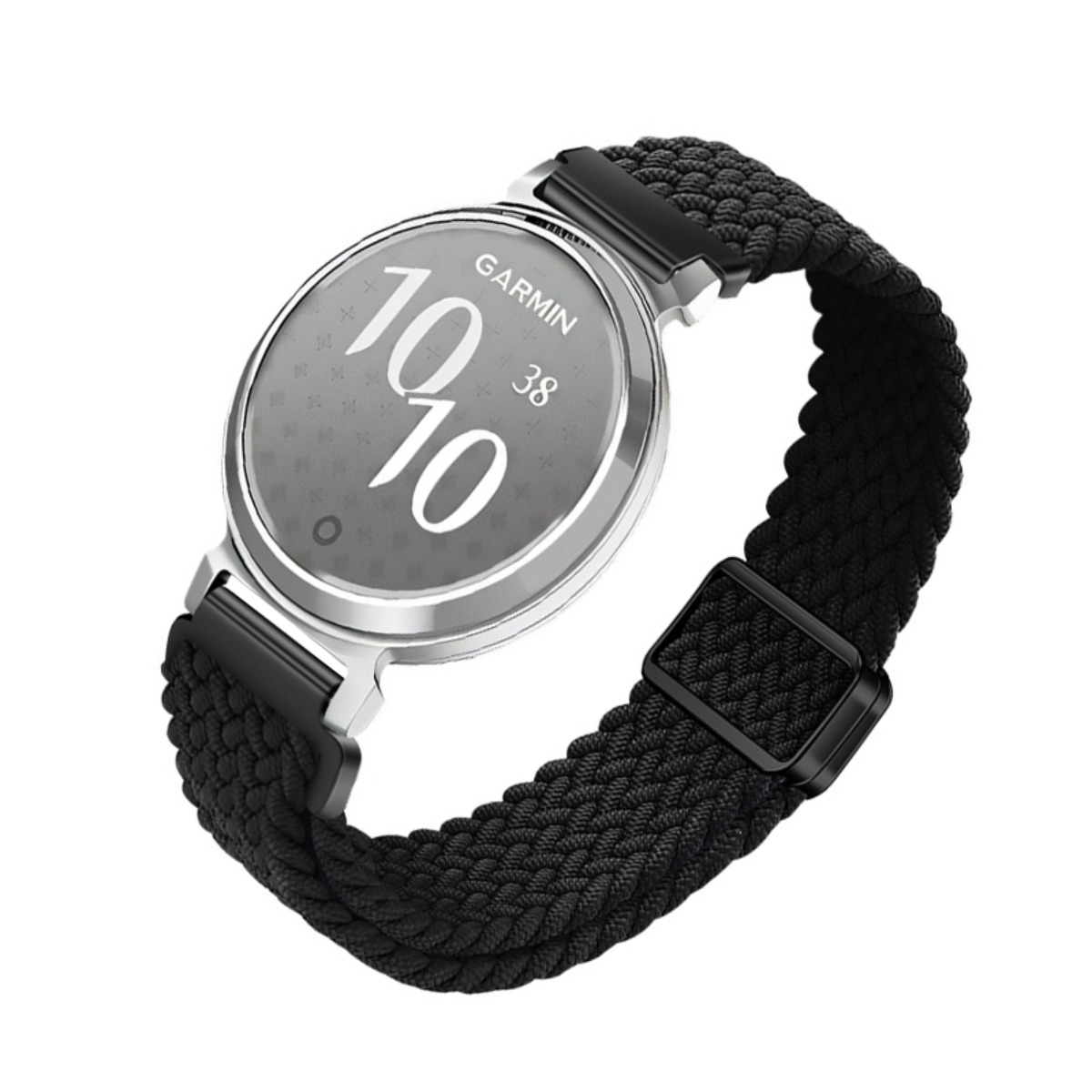 Eine silberne Garmin Smartwatch mit einem schwarzen geflochtenen Armband.