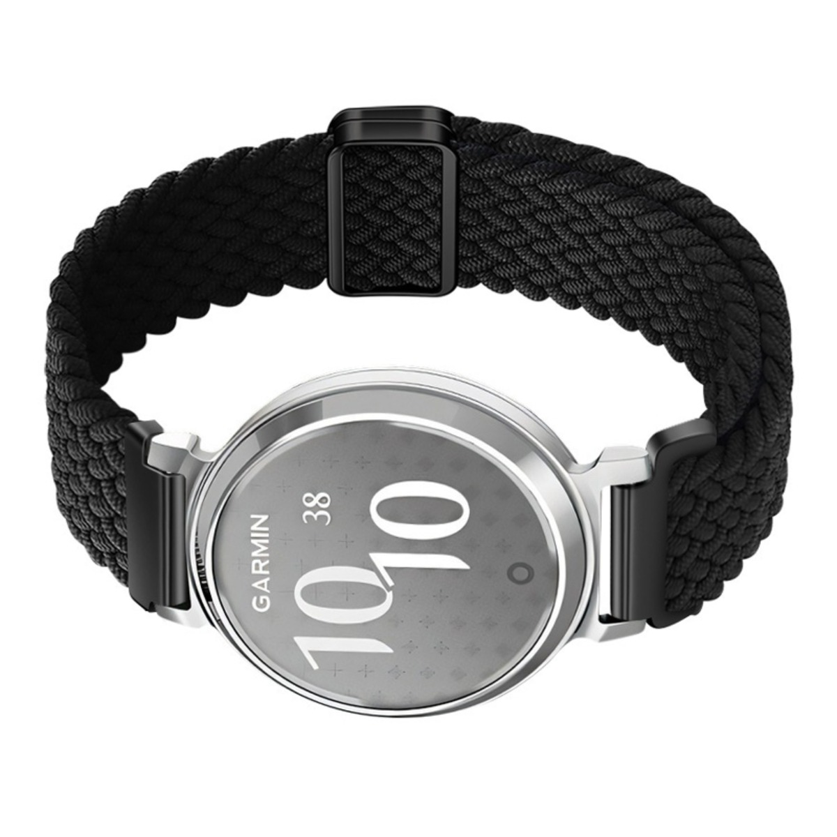 Eine silberne Smartwatch mit schwarzem Stoffarmband und digitaler Zeitanzeige.