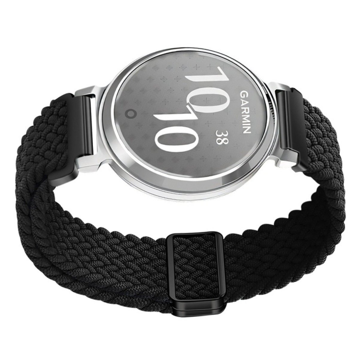 Eine silberne Smartwatch mit schwarzem geflochtenem Armband und digitaler Anzeige.