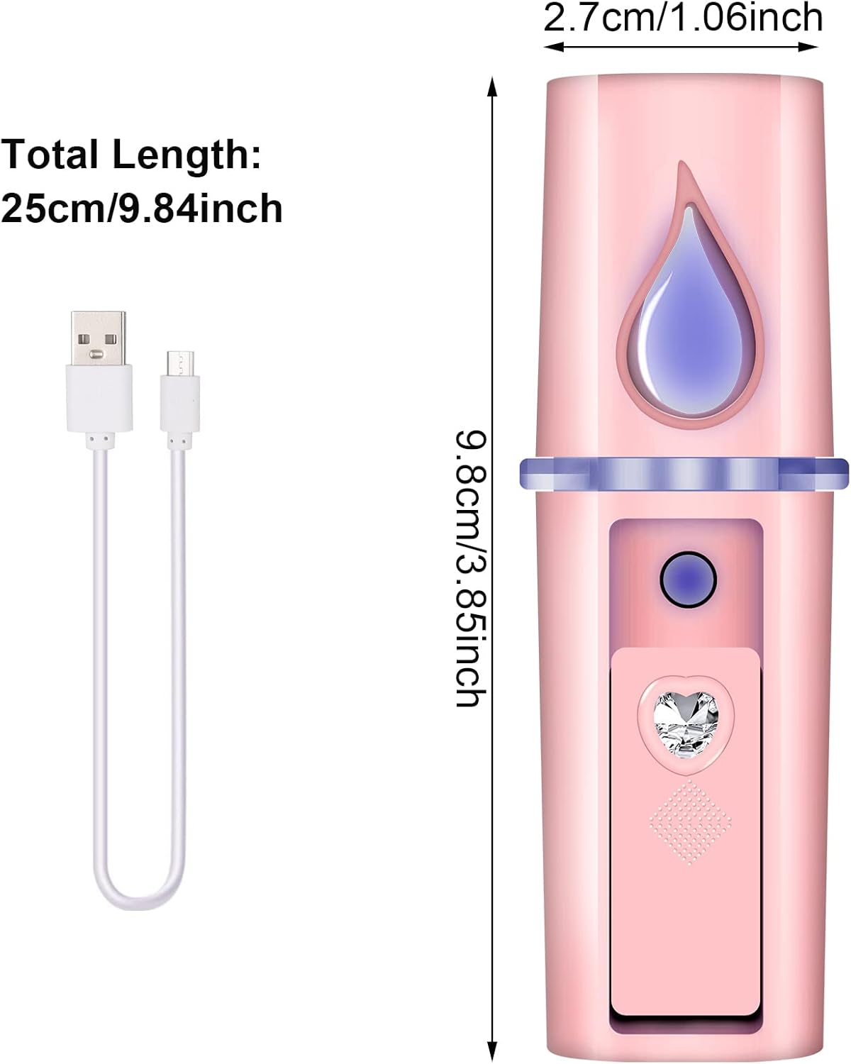 Rosa Gesichtsbedampfer mit USB-Kabel. Maße angegeben.