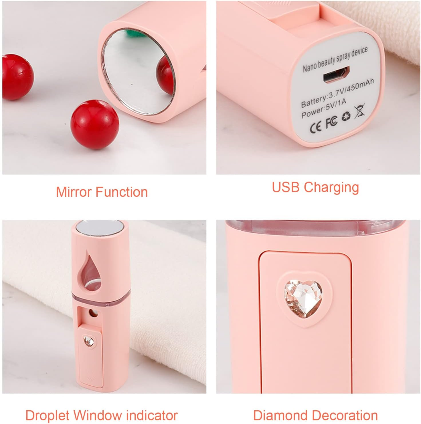 Rosa Nano-Schönheitsspraygerät mit Spiegel, USB-Aufladung, Tropfenfenster und Diamantdekoration.
