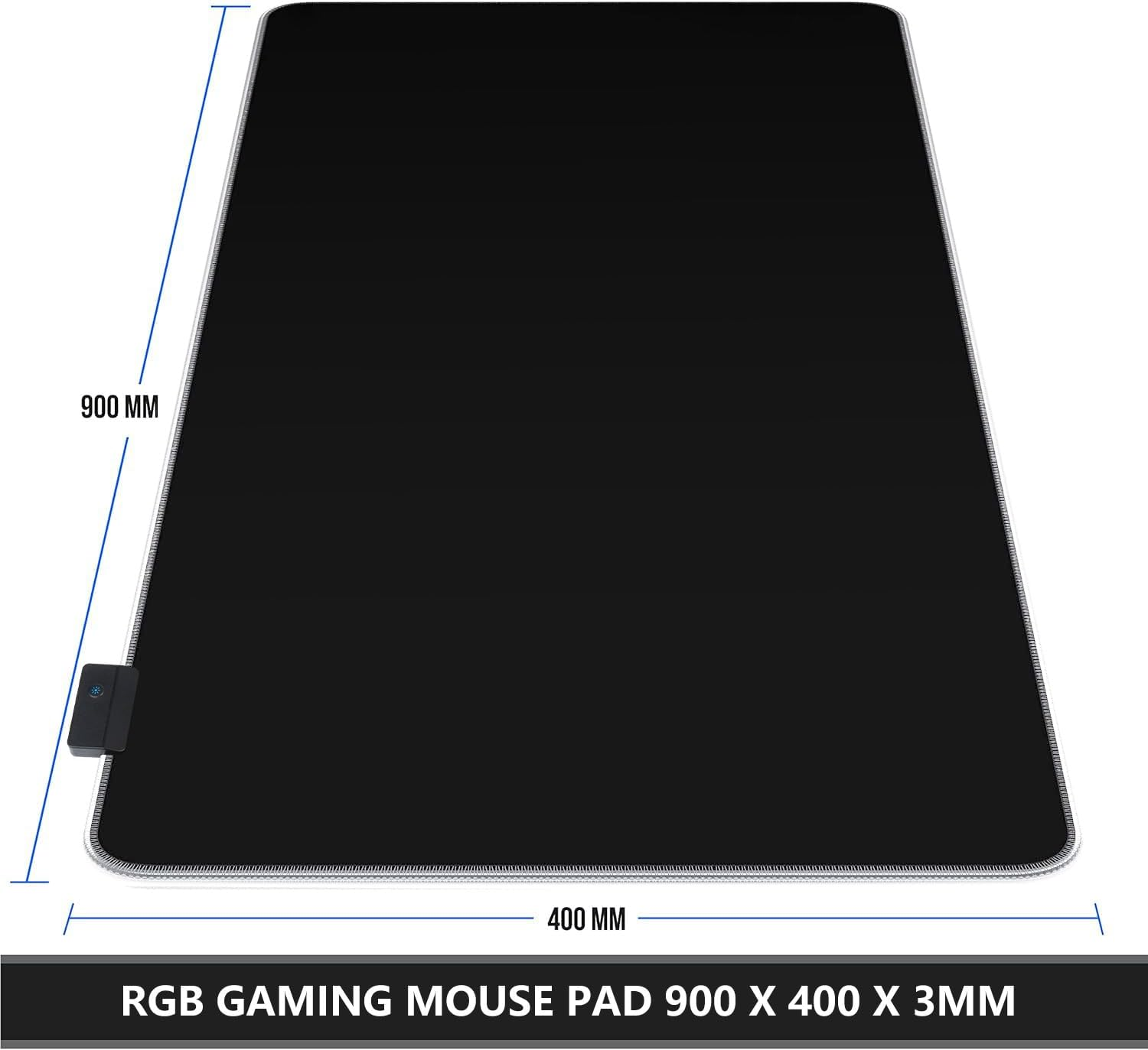 Schwarzes RGB-Gaming-Mauspad, 900x400x3mm, mit RGB-Steuereinheit.