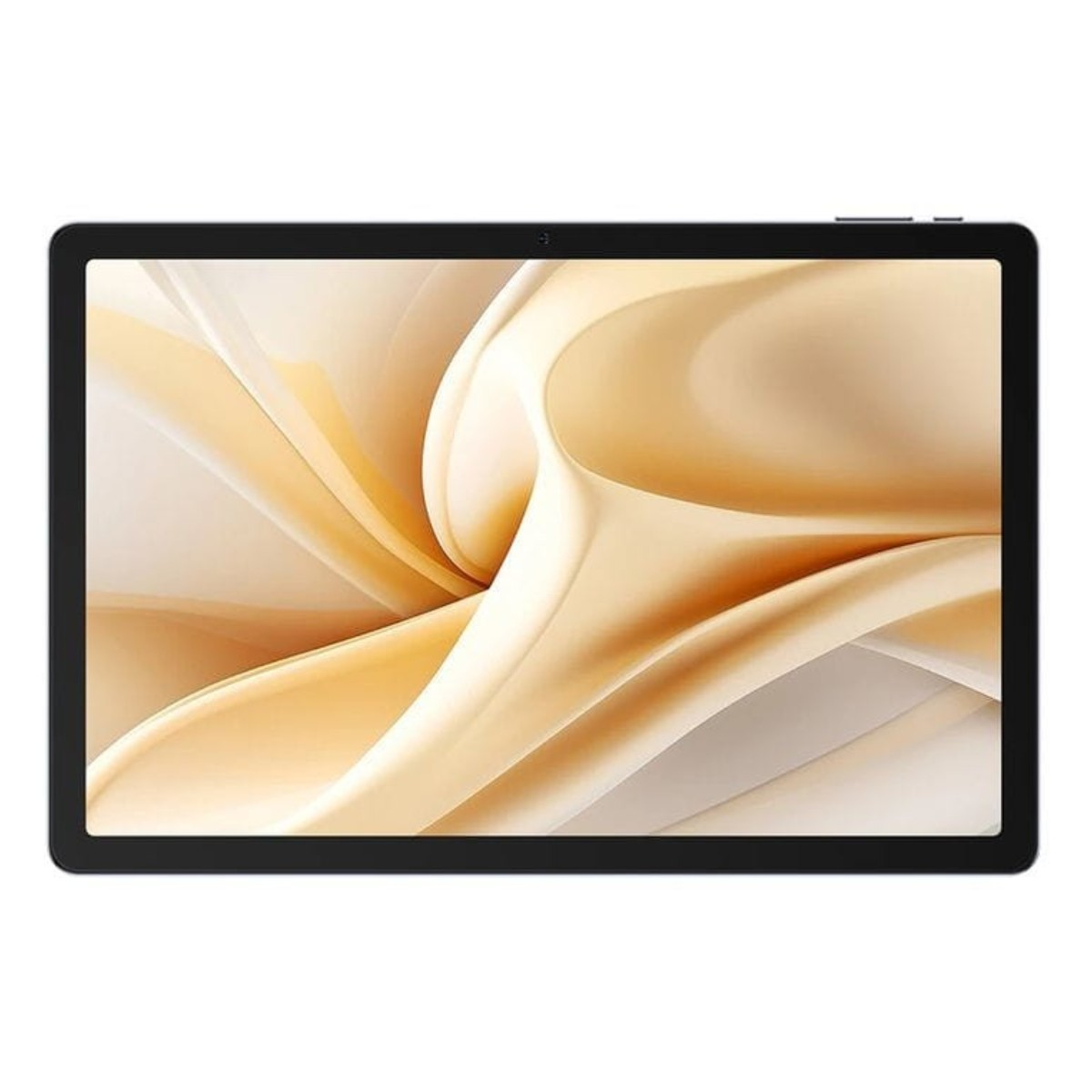 Un tablet nero con uno sfondo astratto color oro e crema.