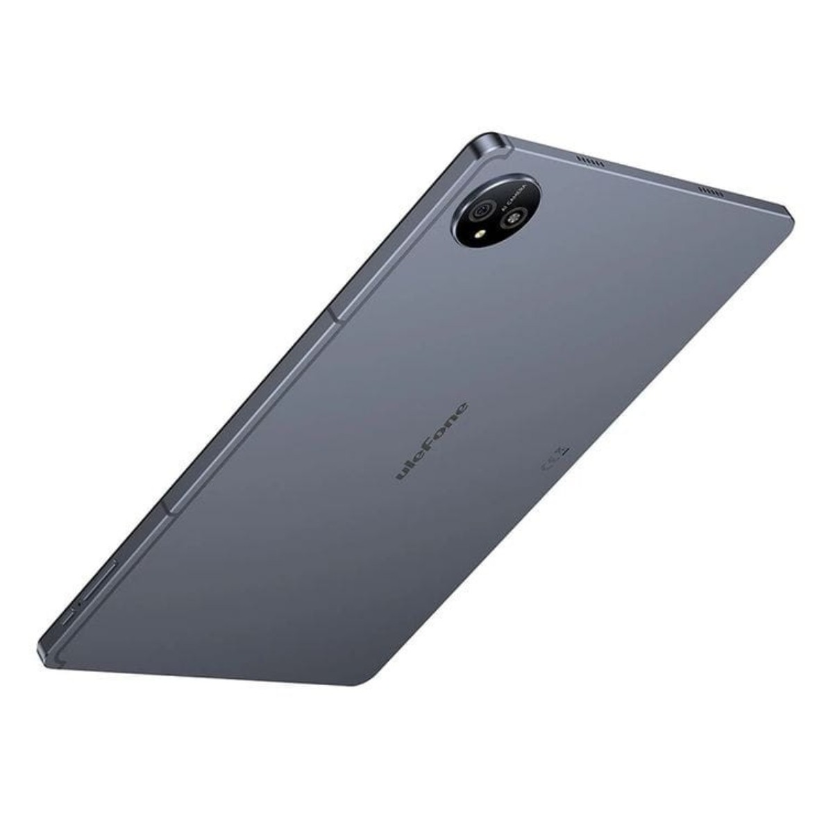 Tablet grigio con doppia fotocamera posteriore e logo Ulefone. Sfondo bianco.