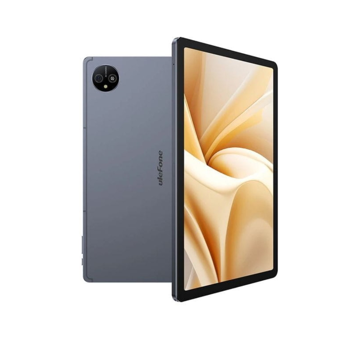 Un tablet grigio con doppia fotocamera posteriore e schermo con motivo astratto.