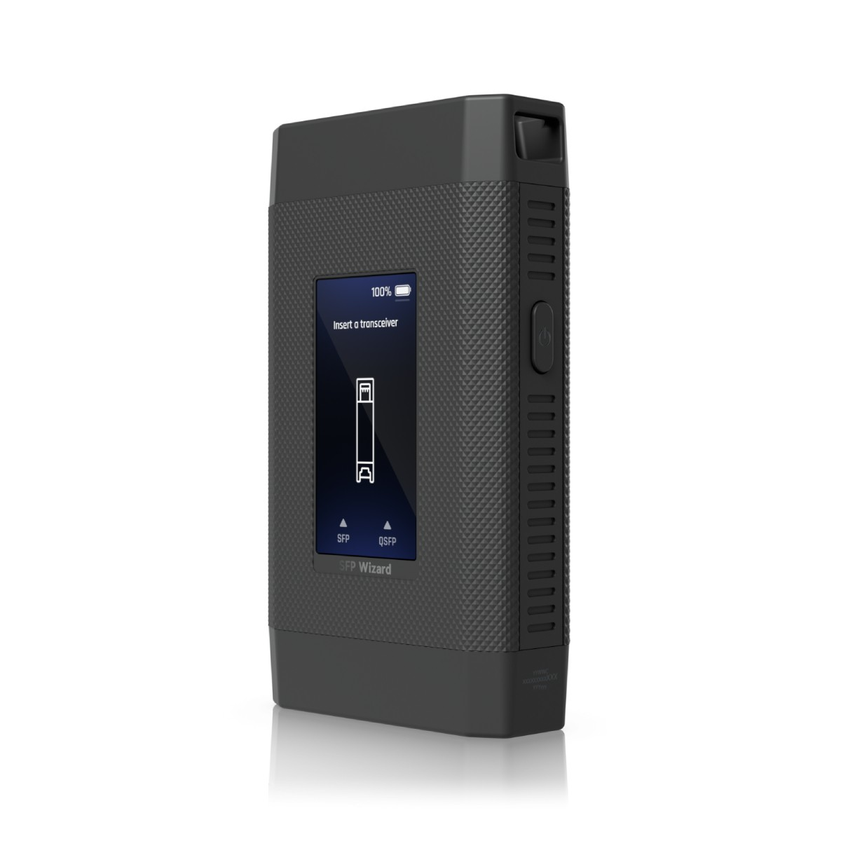 Un dispositivo nero con schermo che mostra "Insert a transceiver".