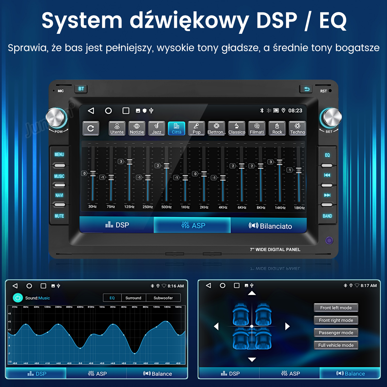 Wyświetlacz radia samochodowego z ustawieniami DSP/EQ, wykresem audio i opcjami trybu pojazdu.