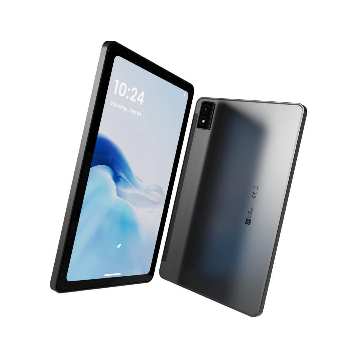 Un tablet grigio con cornice nera e fotocamera posteriore, visto di angolazione.