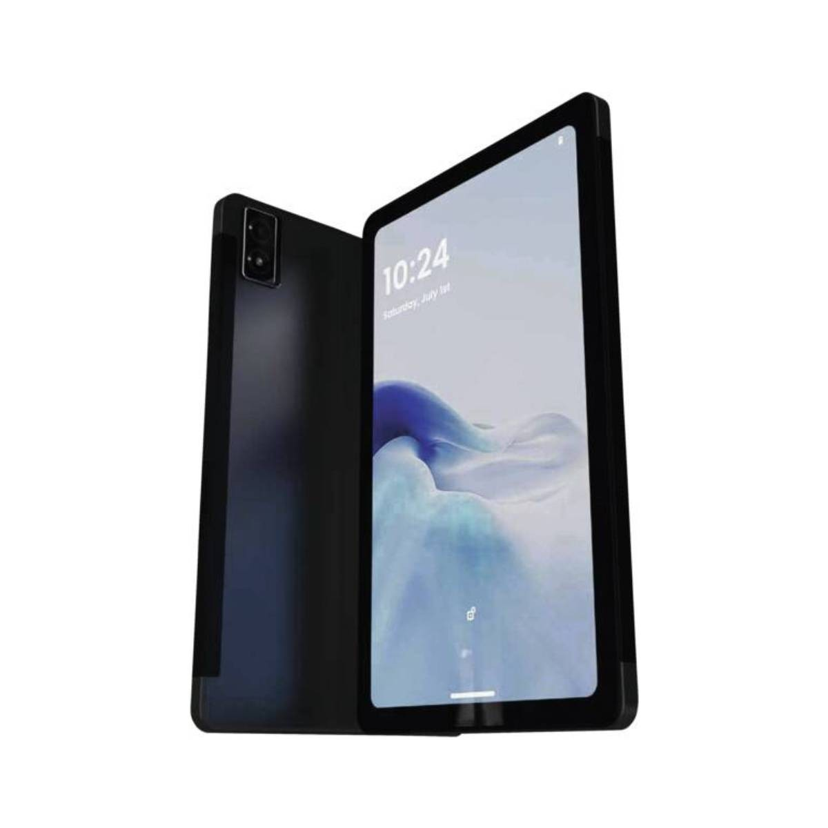 Un tablet nero con doppia fotocamera posteriore e schermo luminoso che mostra l'ora.