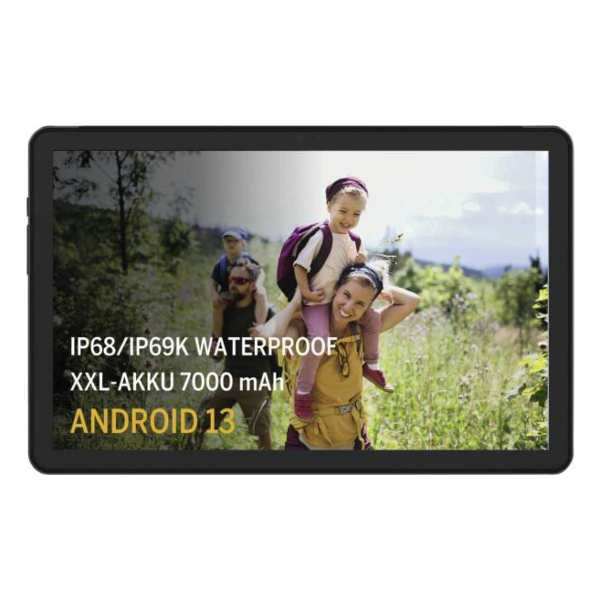 Tablet con famiglia all'aperto; impermeabile IP68/IP69K, 7000 mAh, Android 13.