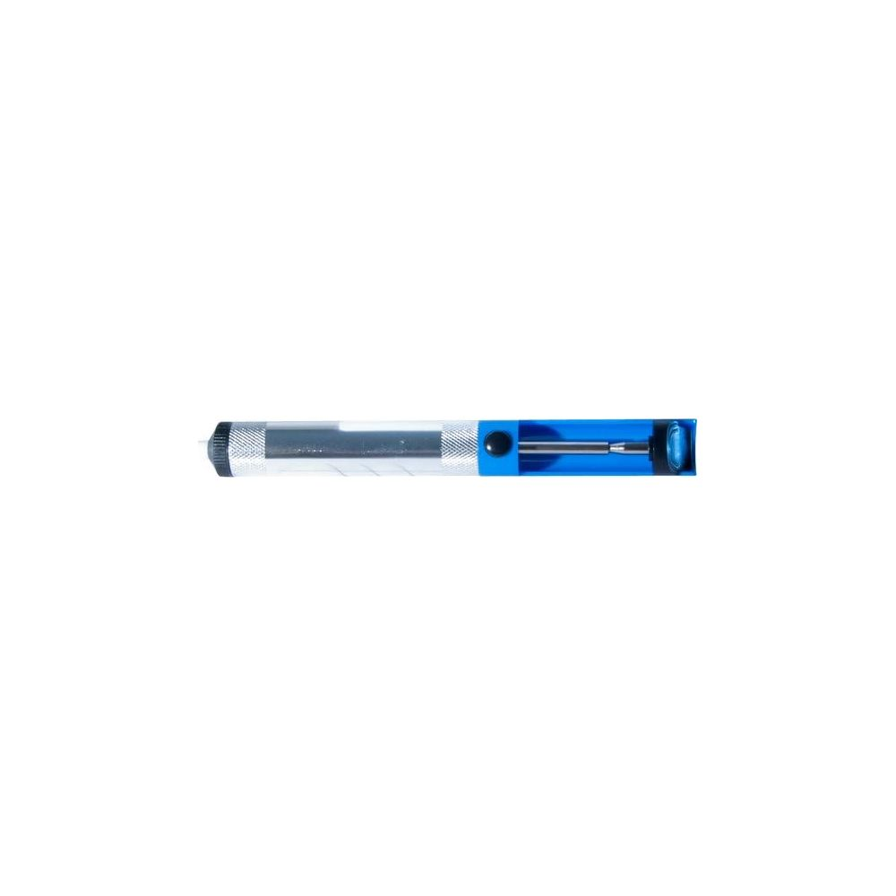 Un saldatore blu e argento con cilindro trasparente.