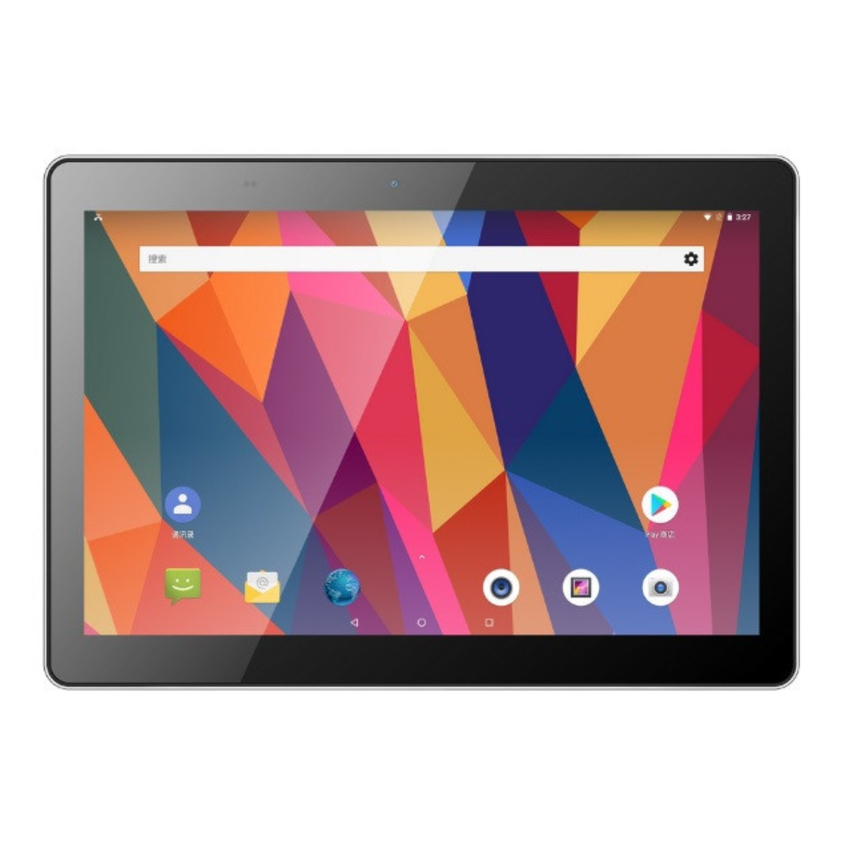 Un tablet con uno sfondo geometrico colorato e icone di app.