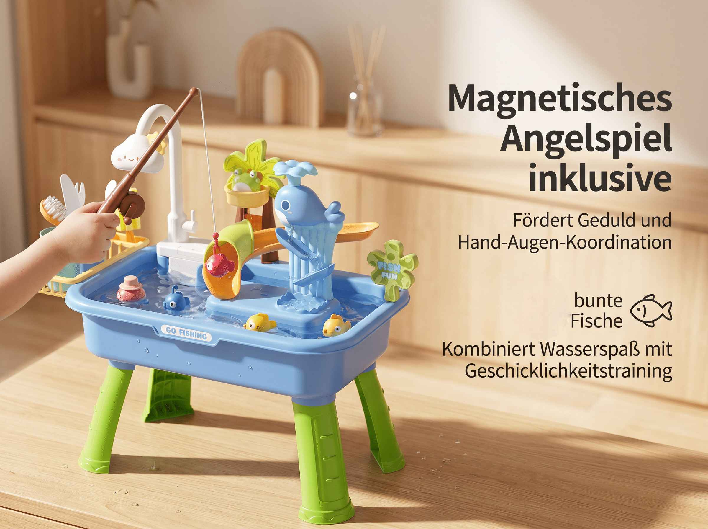 Ein Kind angelt mit einer Angel in einem blauen Spielzeugbecken mit Fischen.