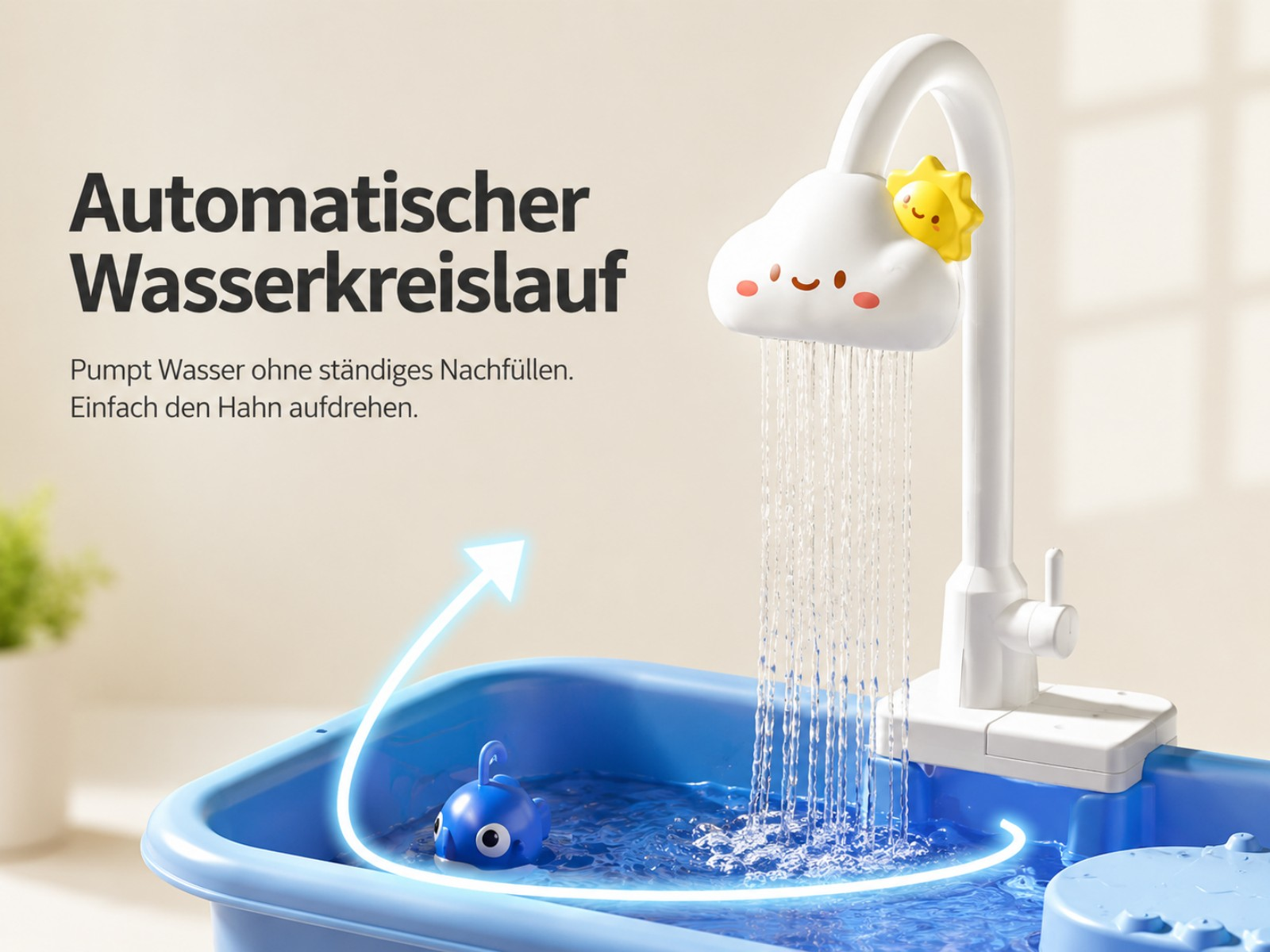 Ein Spielzeugwasserhahn mit einer Wolke, die Wasser regnen lässt, und einer Sonne.