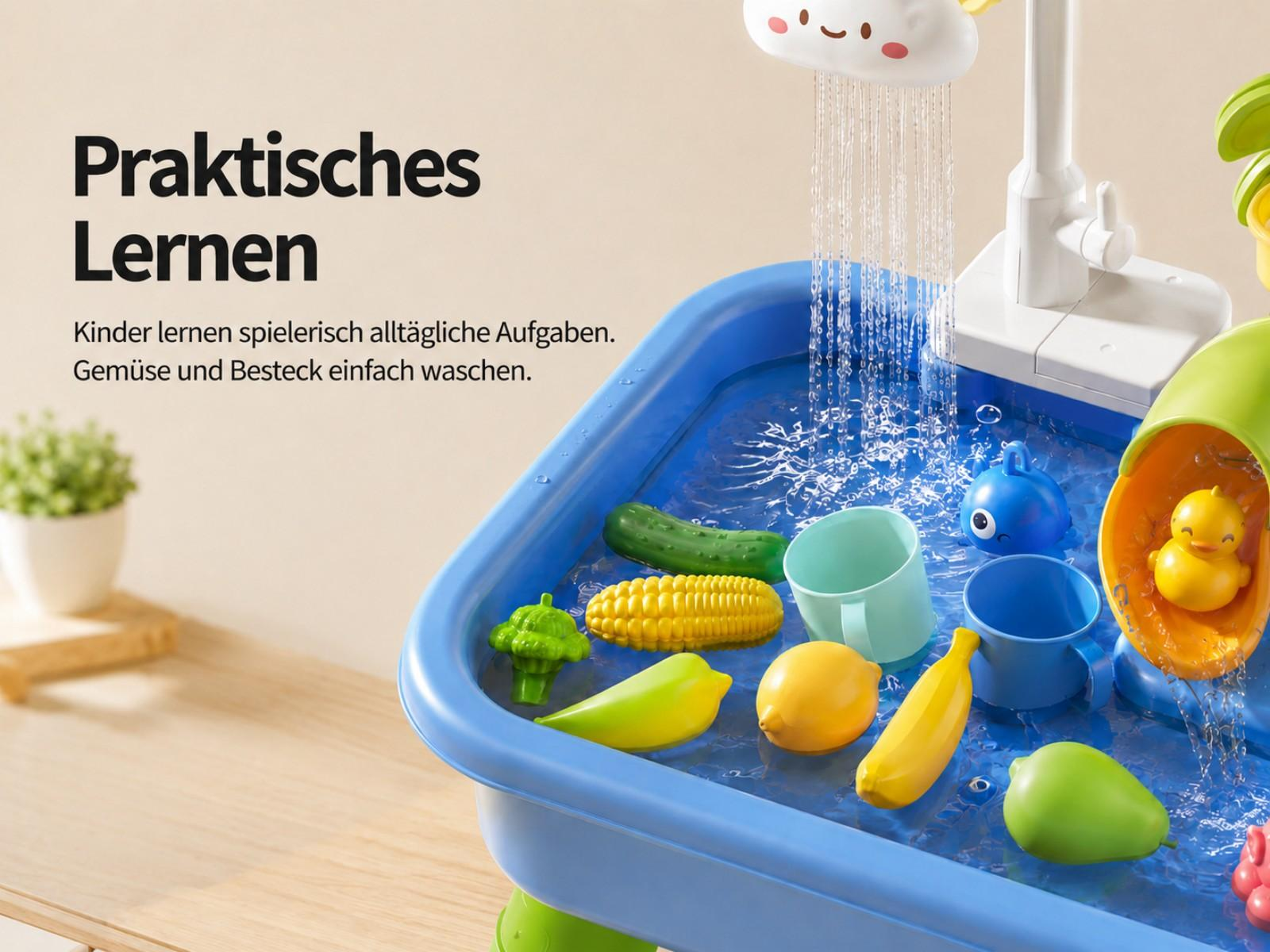 Spielzeug-Waschbecken mit Früchten, Gemüse, Enten und Bechern, Wasser läuft von oben.