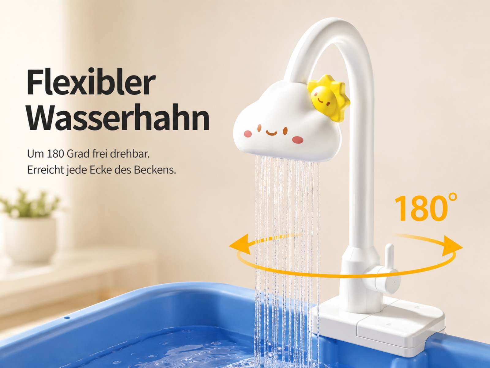 Ein flexibler Wasserhahn mit Wolken-Duschkopf und Sonne, der sich um 180 Grad dreht.