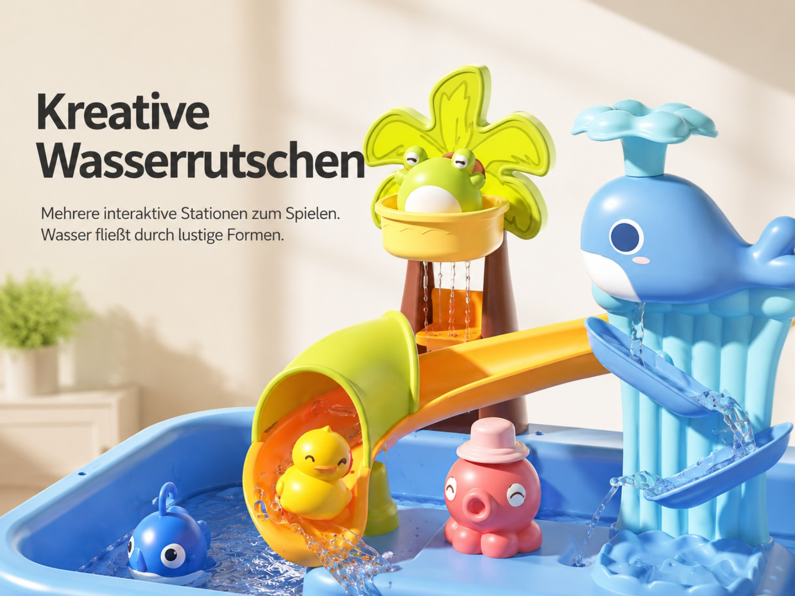 Wasserspielzeug mit Entenrutsche, Wal, Frosch und Oktopus in Blau.
