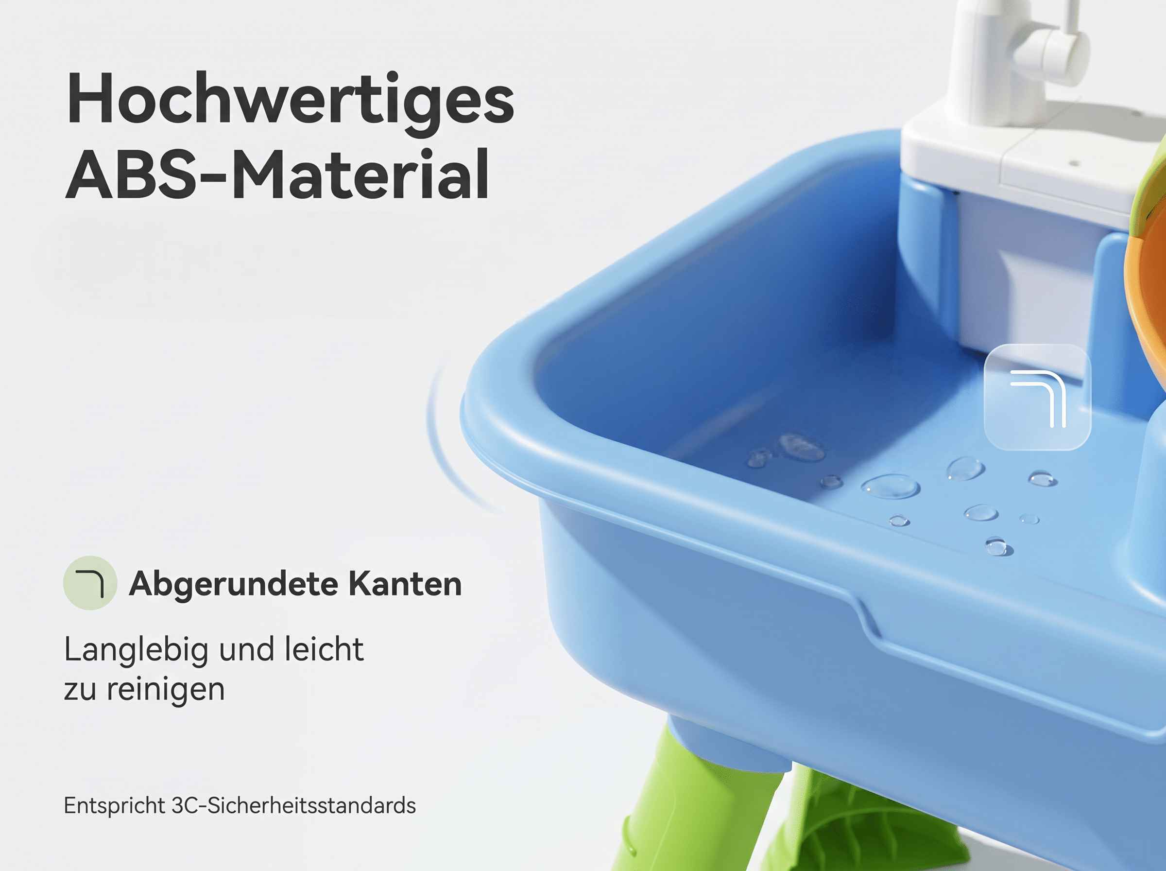 Blauer Spieltisch aus ABS-Material mit abgerundeten Kanten und Wasser.