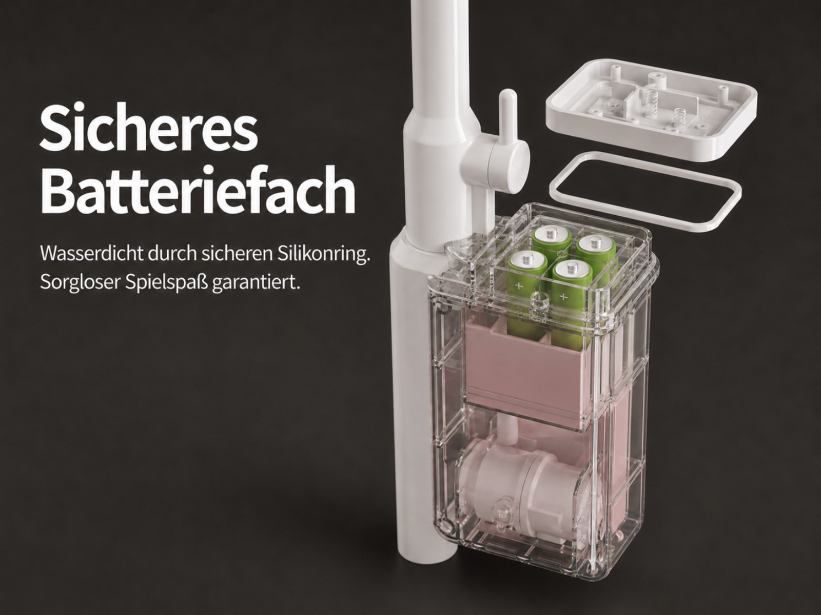 Ein sicheres, wasserdichtes Batteriefach mit vier grünen Batterien.