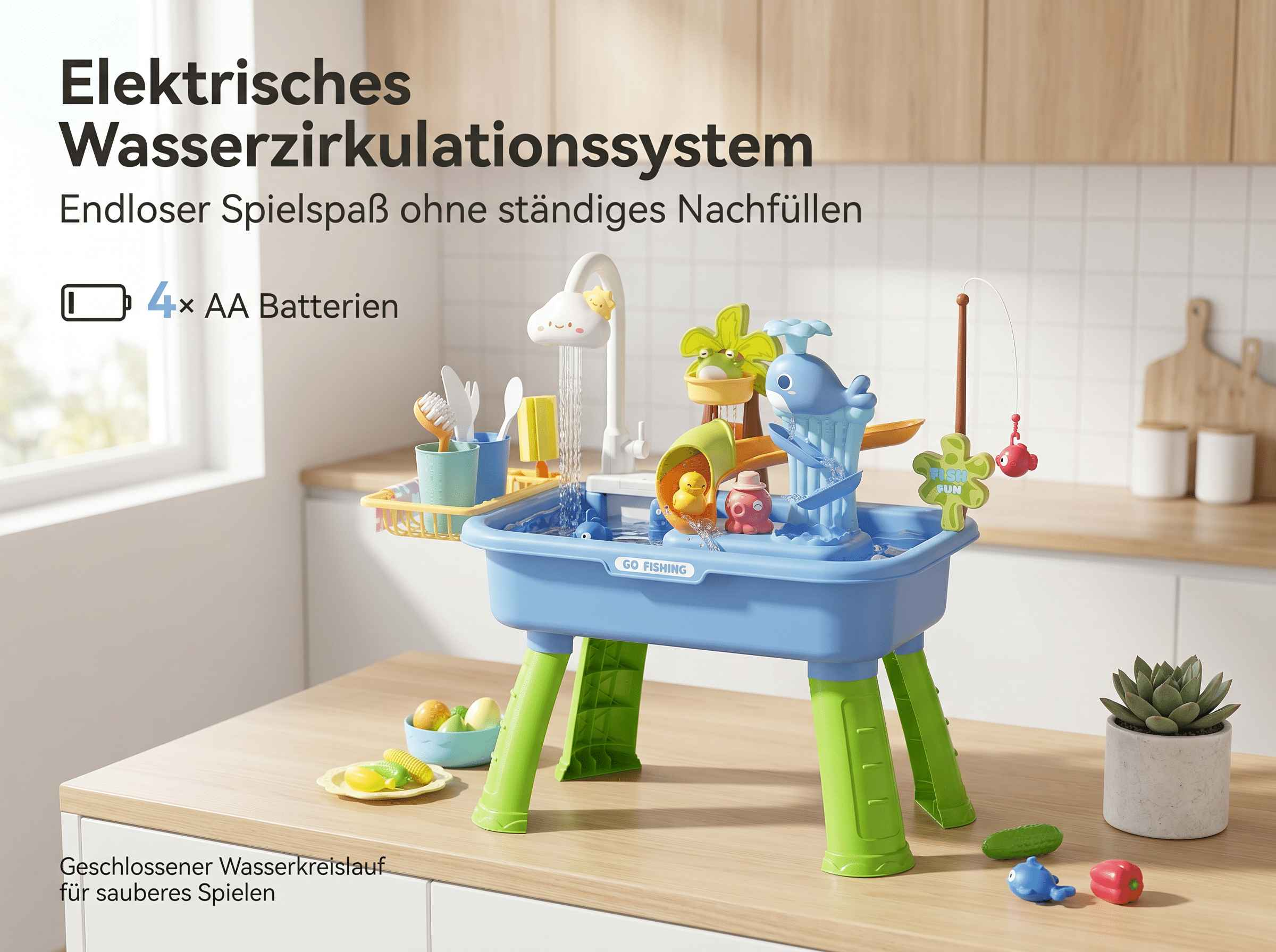 Ein blaues Spielzeug-Waschbecken mit Enten, Fisch und Wal. Benötigt 4x AA Batterien.