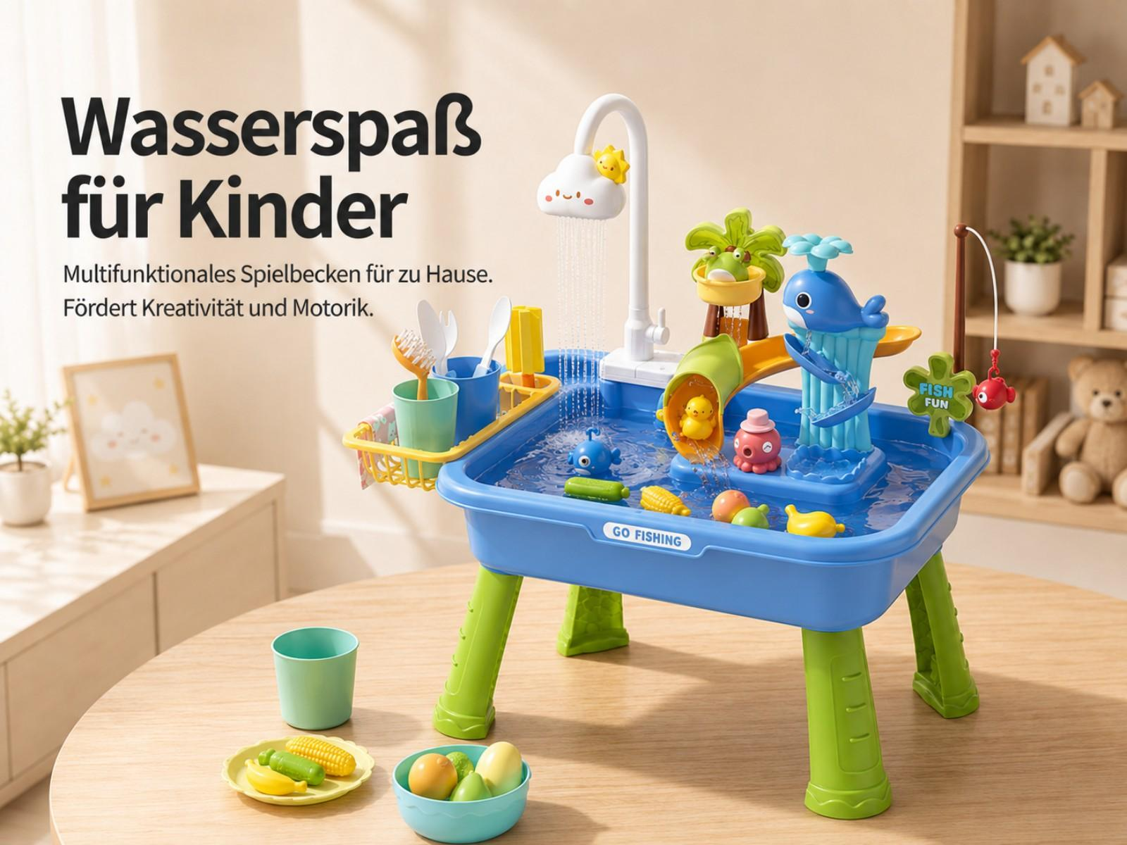 Blaues Spielbecken mit Wasserrutsche, Fischen und Zubehör. Text: Wasserspaß für Kinder.