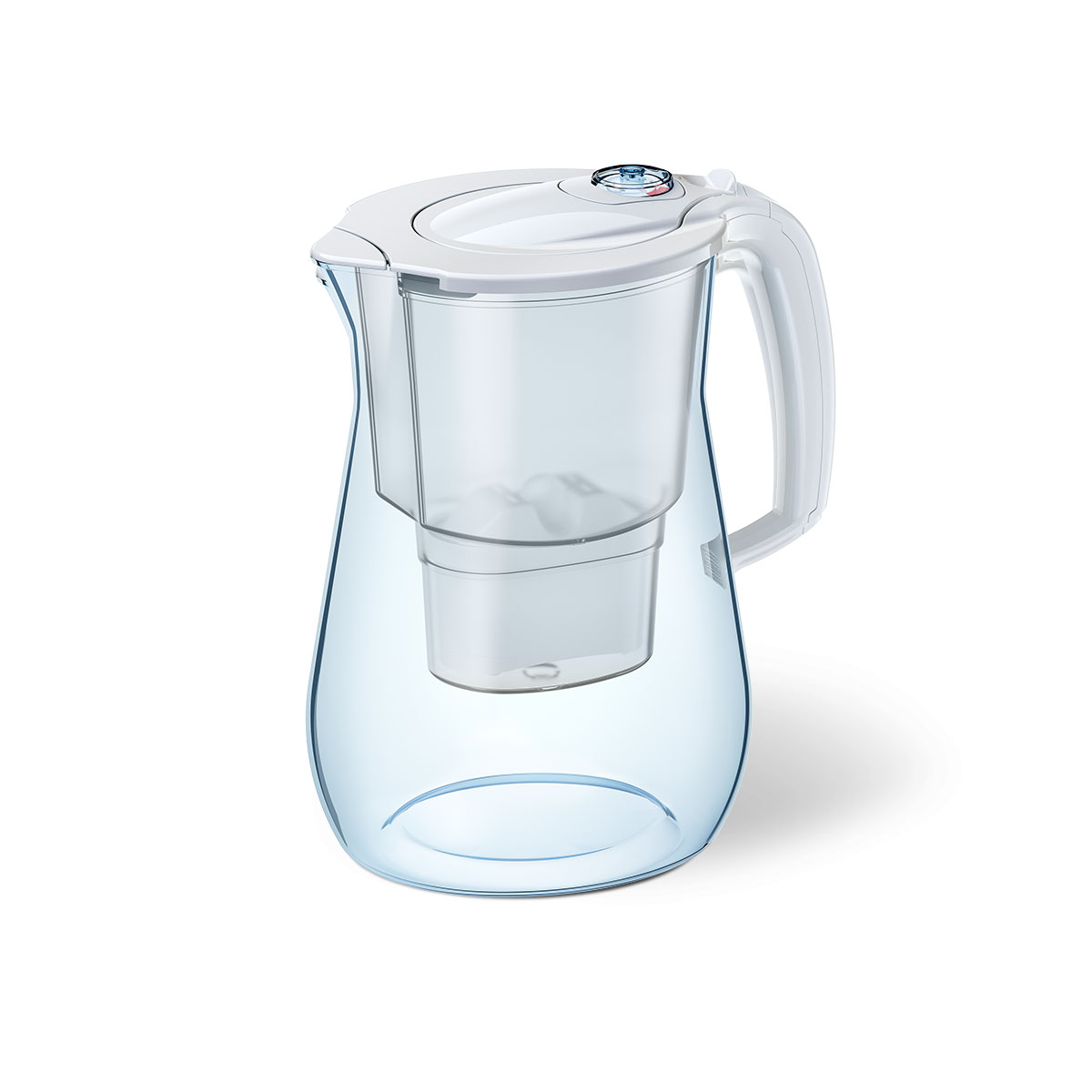 Ein transparenter Wasserfilterkrug mit weißem Griff und Deckel.