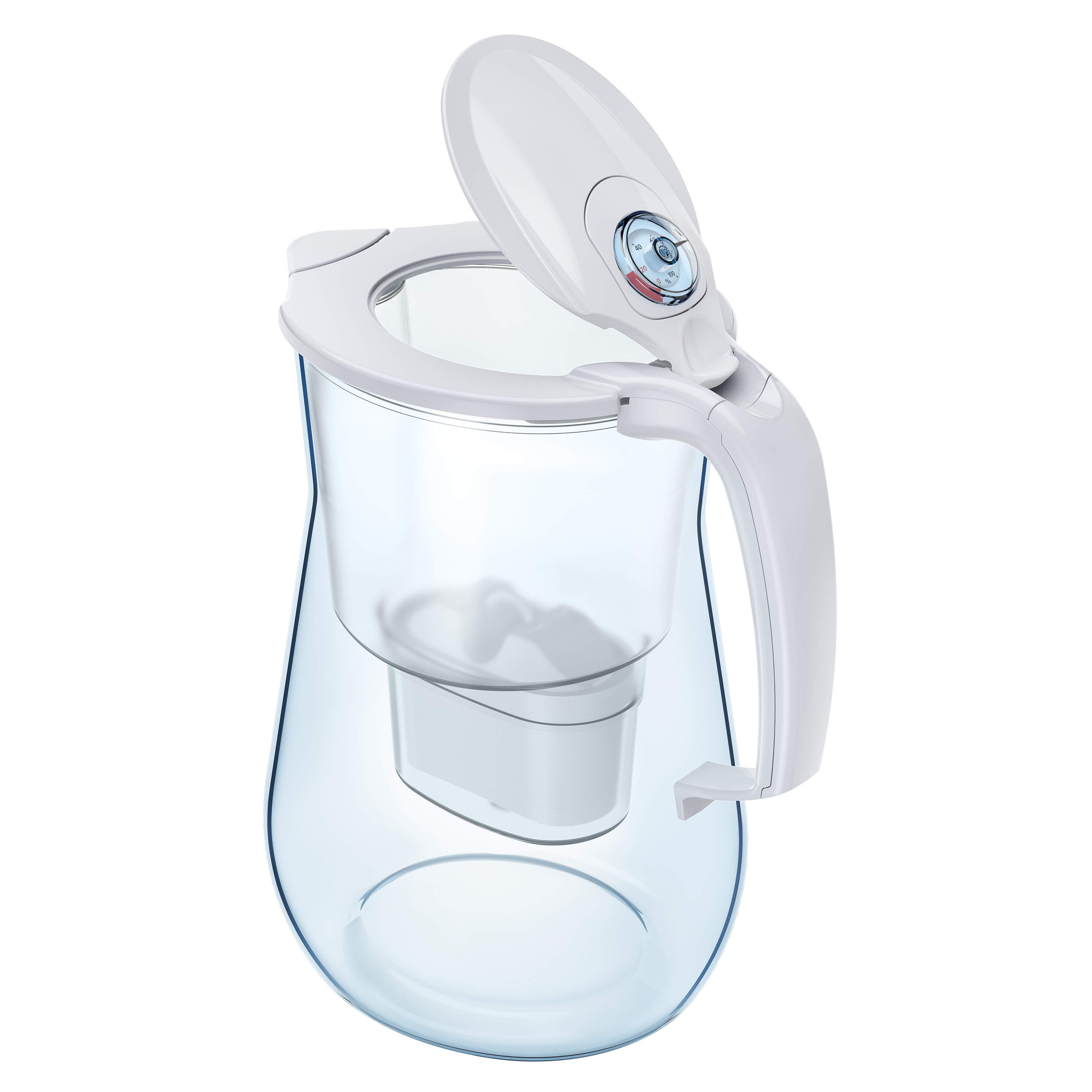 Ein weißer Wasserfilterkrug mit blauem Rand und digitaler Anzeige.
