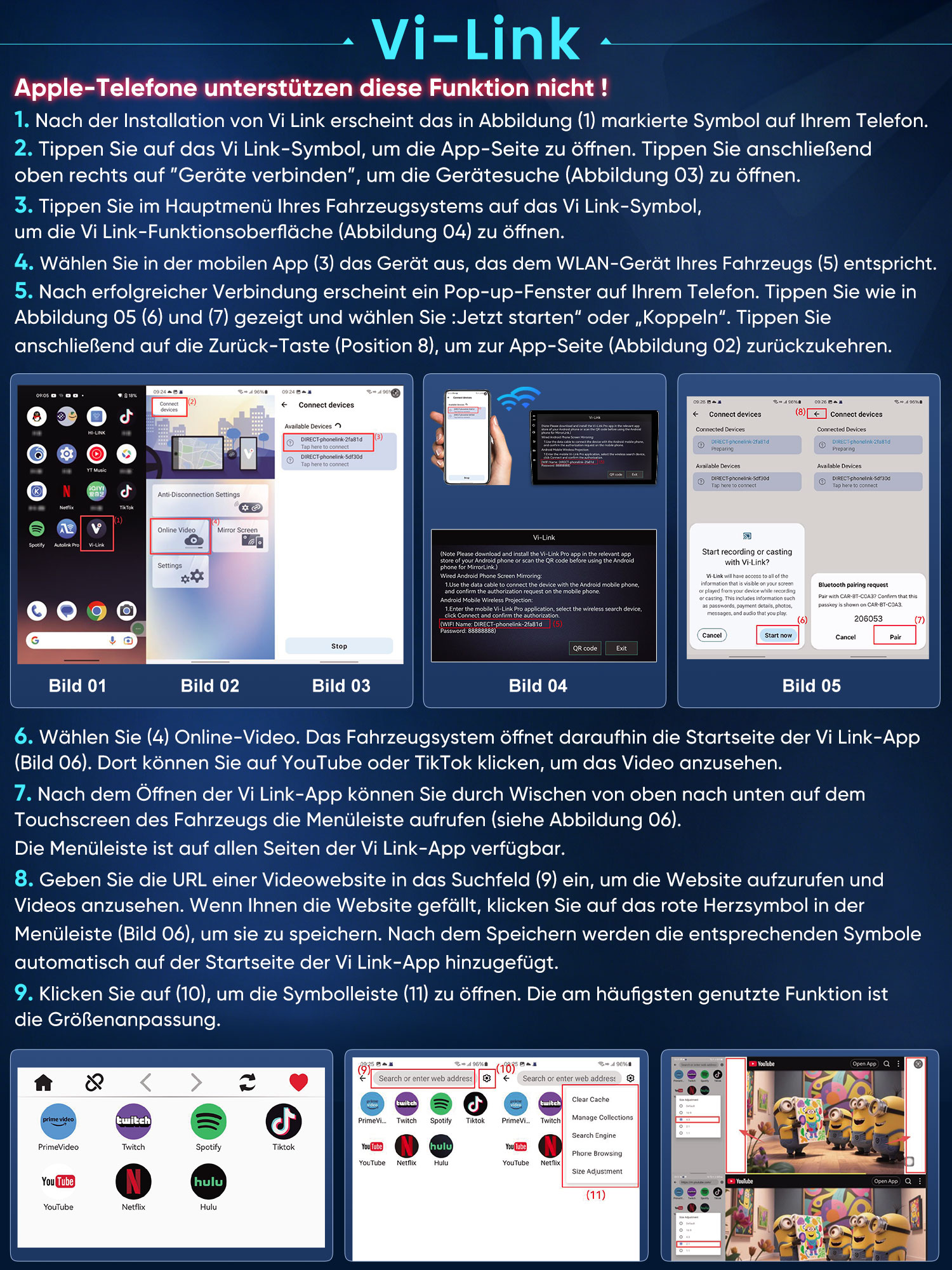 Anleitung zur Nutzung von Vi-Link mit Apple-Telefonen nicht möglich. Bilder zeigen App-Interface.