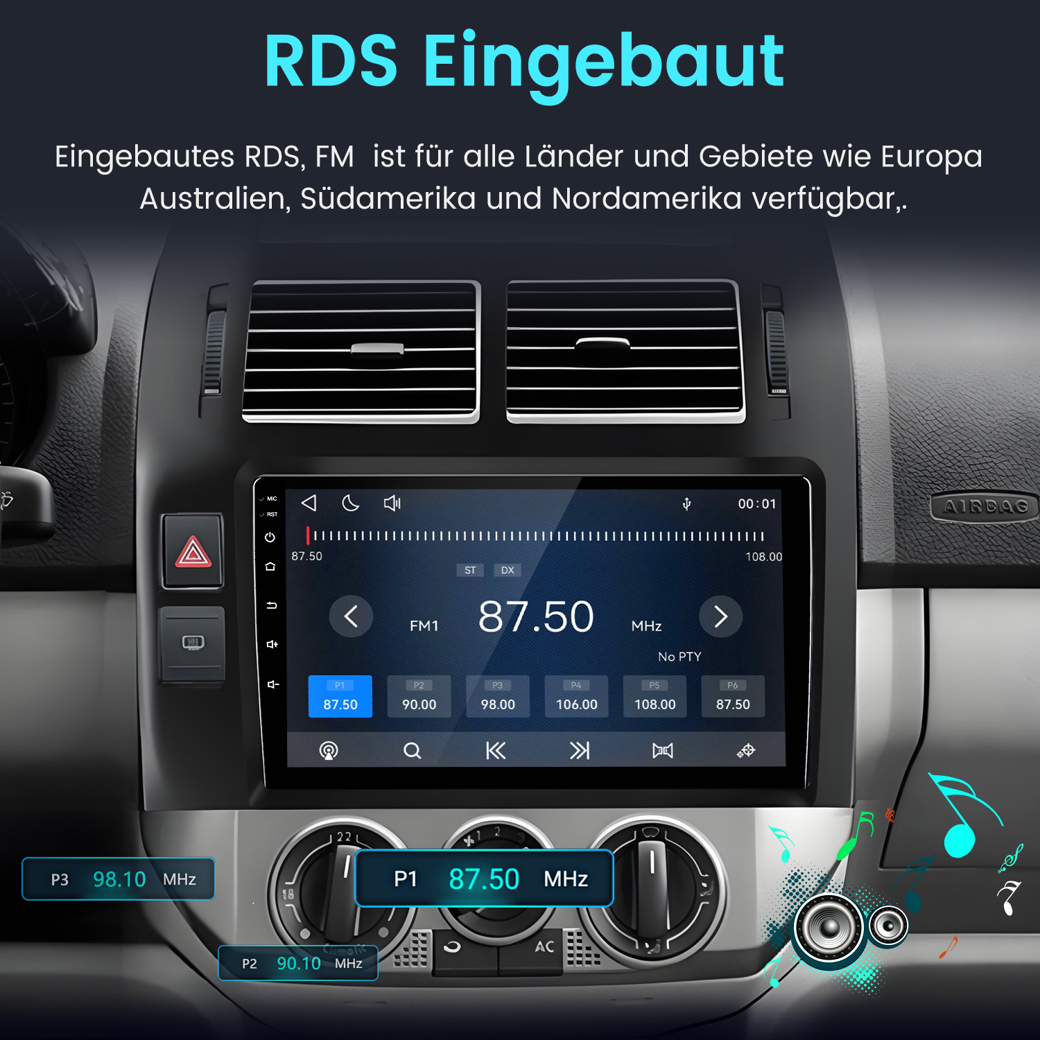 Ein Autoradio-Bildschirm zeigt RDS- und FM-Informationen mit Frequenzen und Voreinstellungen.