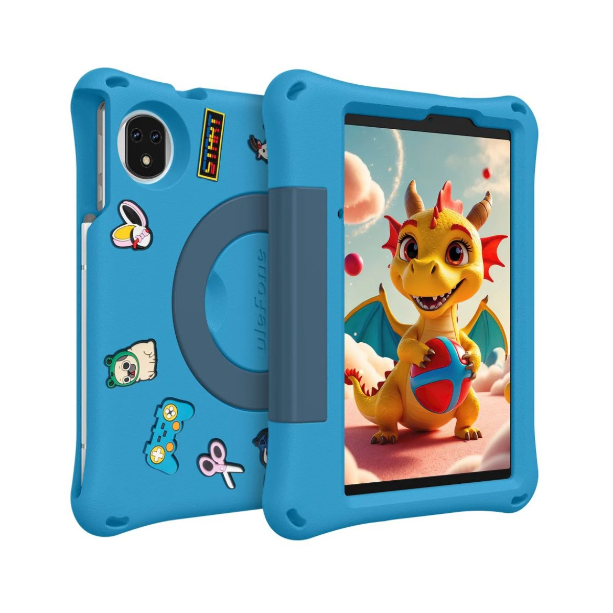 Custodia blu per tablet con adesivi. Lo schermo mostra un drago giallo dei cartoni animati.