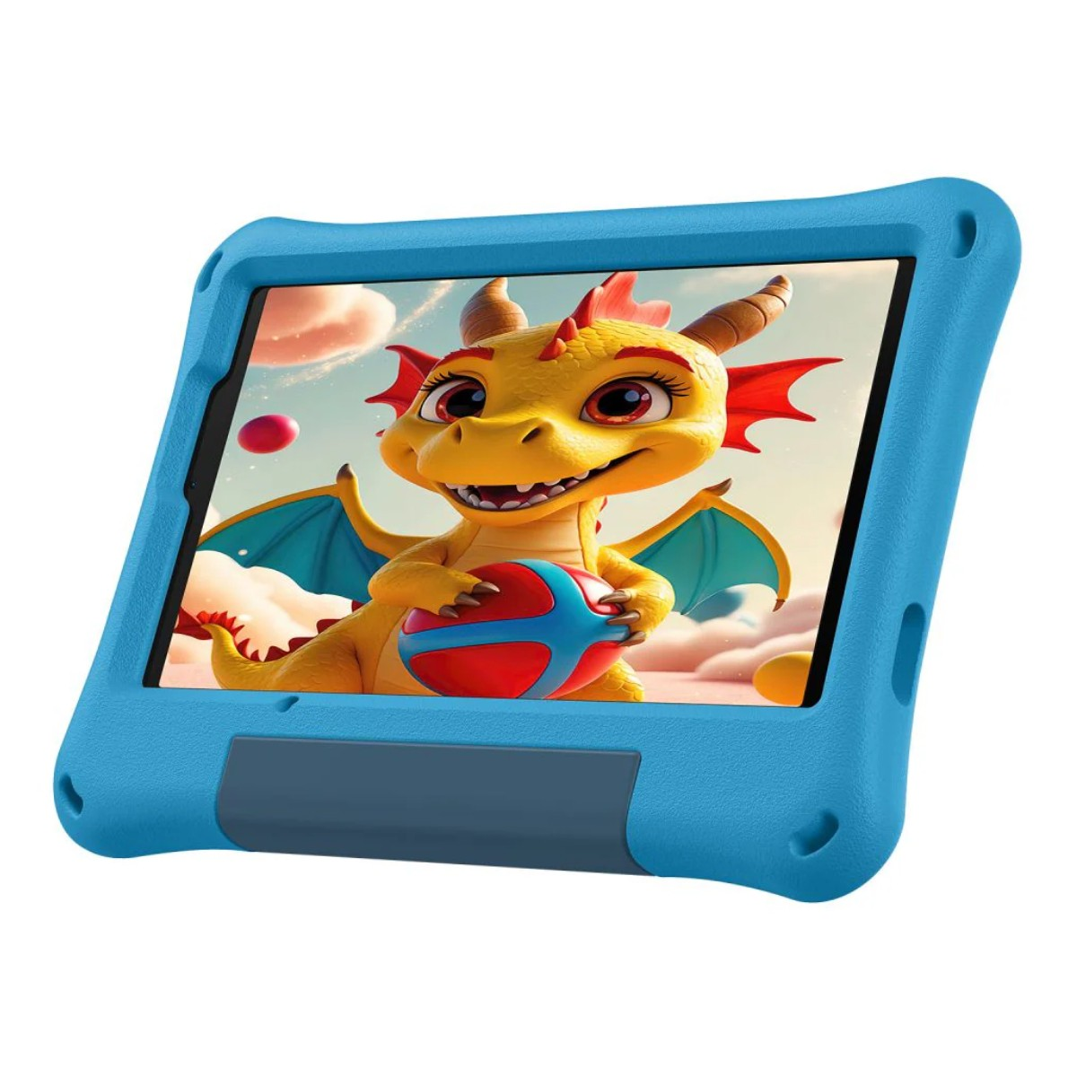 Una custodia blu per tablet mostra un drago giallo cartone animato con una palla rossa e blu.