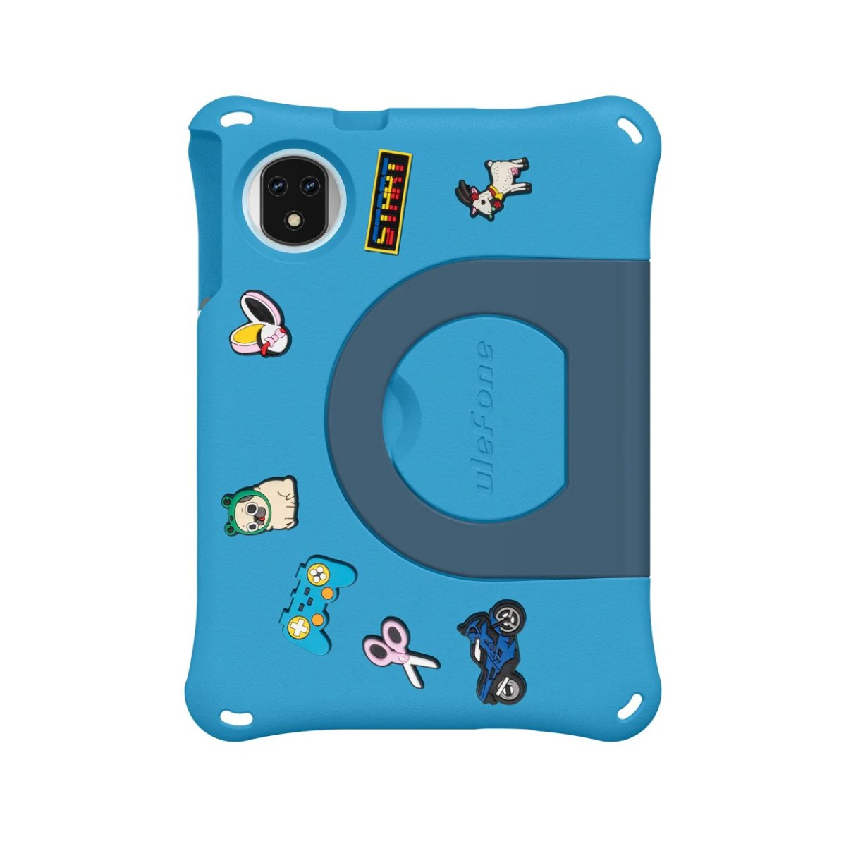 Custodia blu per tablet con adesivi: coniglio, capra, orso, gamepad, forbici, moto.