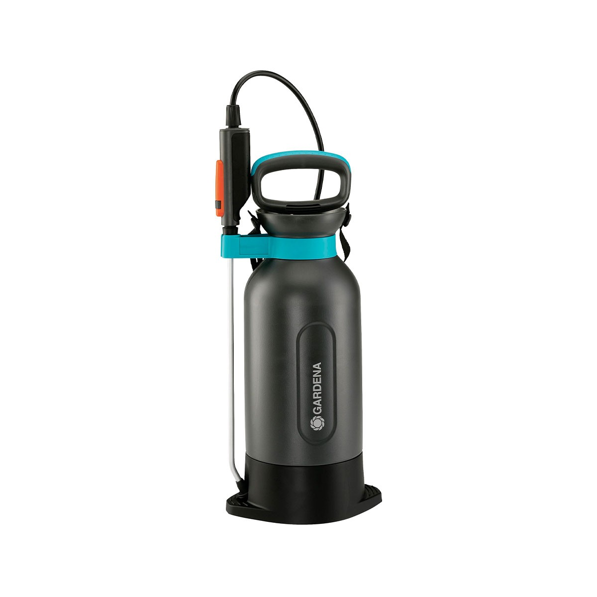 Contenitore spray grigio con manico blu e base nera.