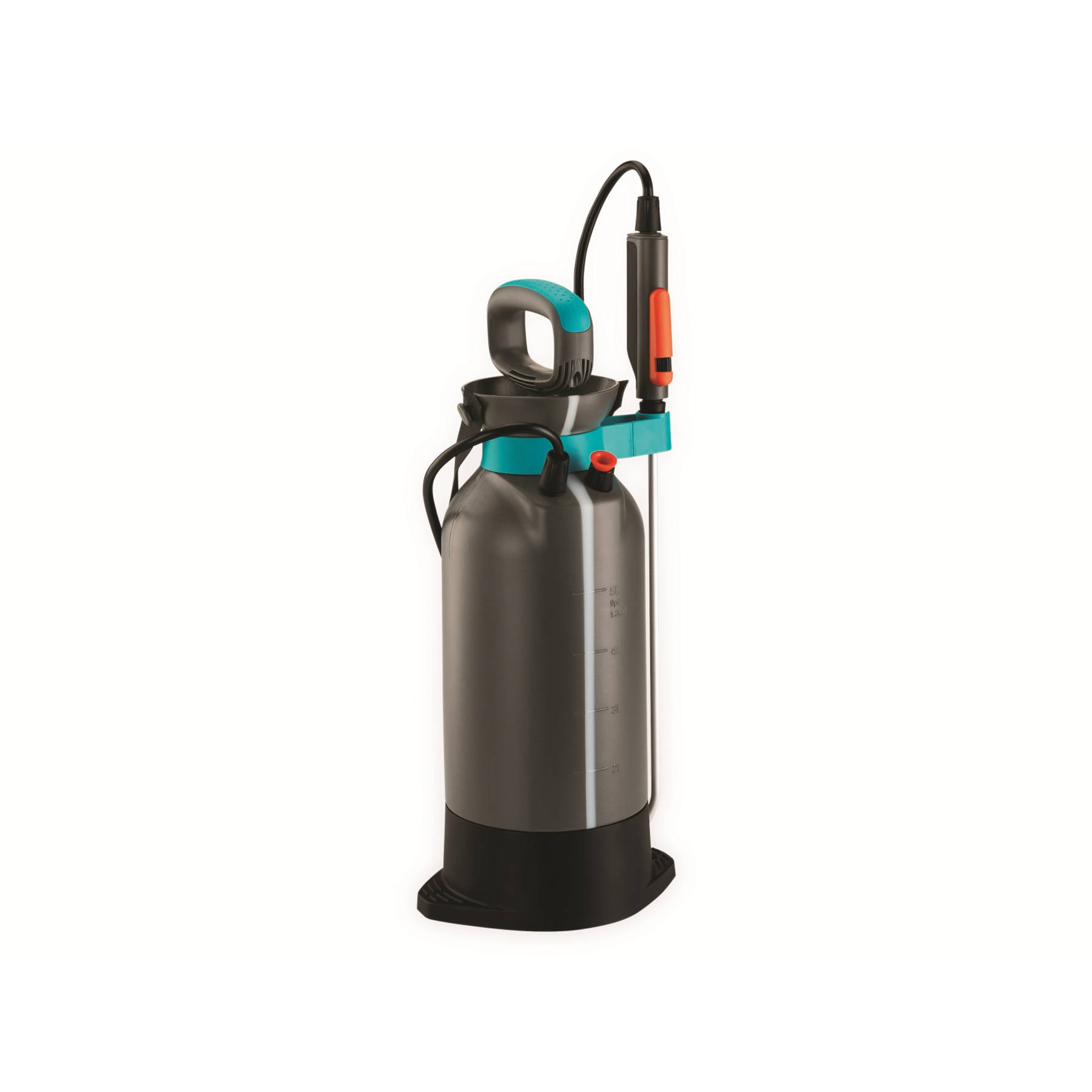 Spruzzatore grigio con manico, scala graduata, base nera e tubo.