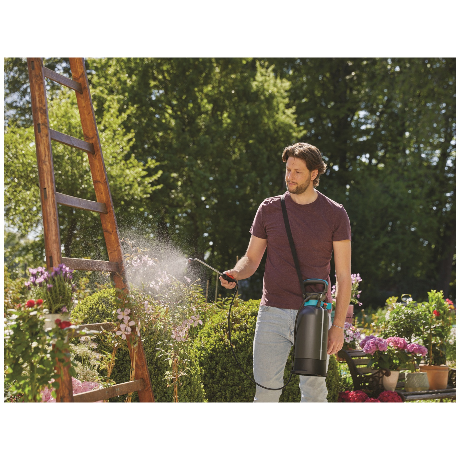 Uomo spruzza piante con spruzzatore da giardino vicino a una scala.